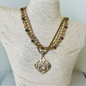 Upcycled multi strand pendant necklace gold tone with black bead accents